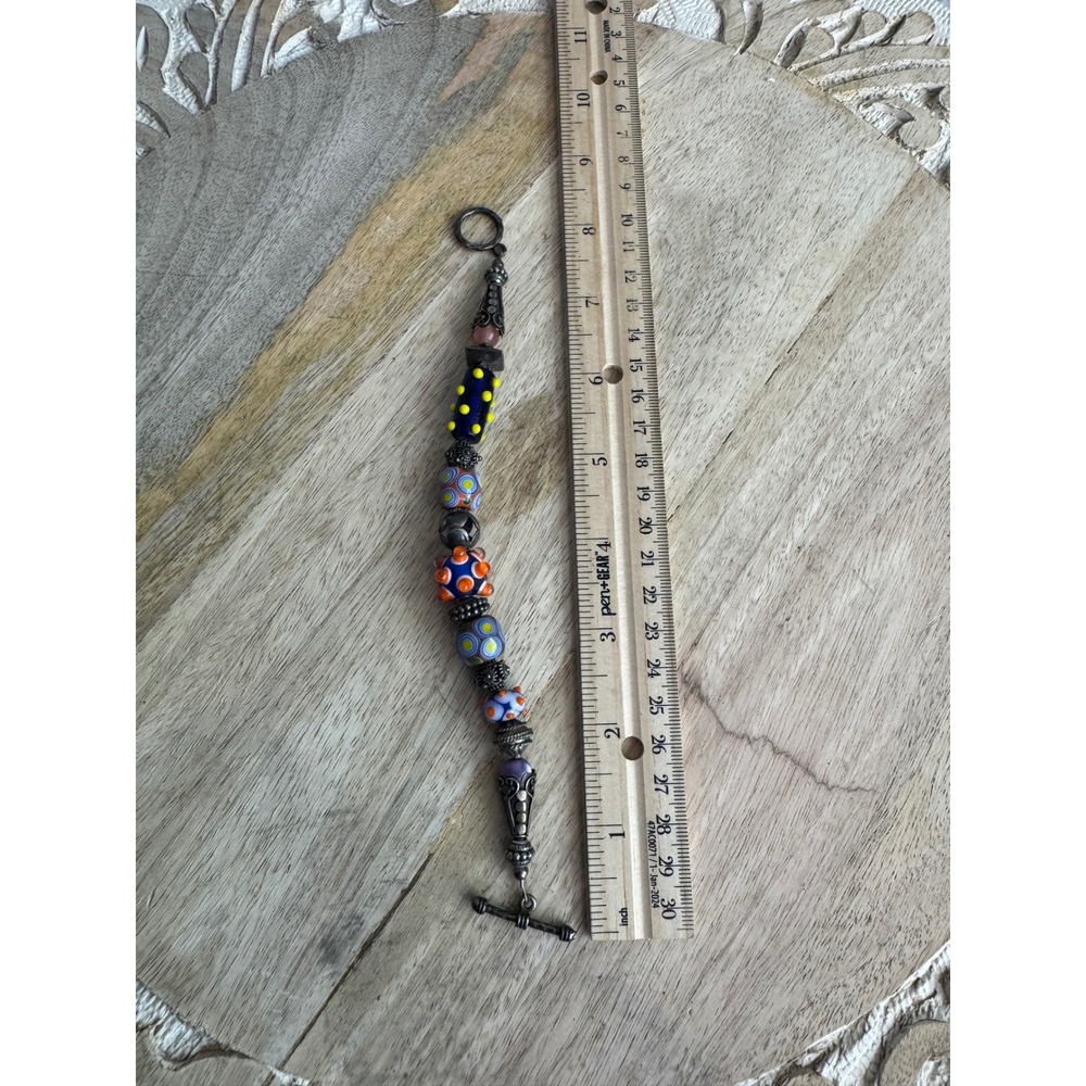 Artisan‎ Glass Bead Toggle Bracelet Multicolor Bohemian Silver Tone 8.25in
